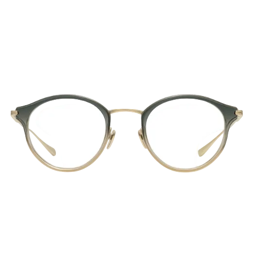 Round eyeglasses with a moss and gold frame